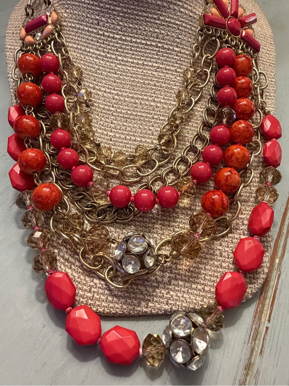 Multi-Strand Coral & Gold Statement Necklace - Vintage Jules B